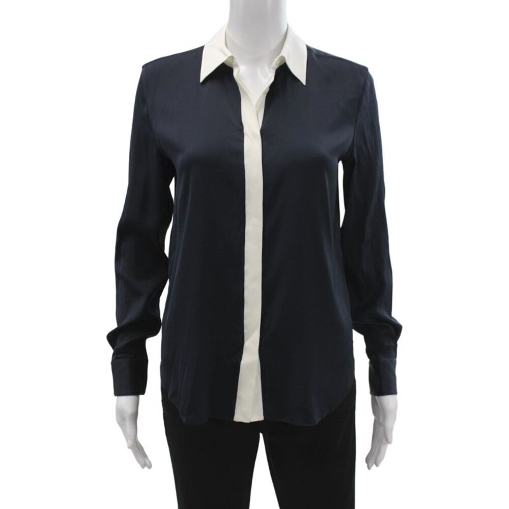 Lily Silk Women Blue Button Down Blouse Crew Neck Long Sleeve Size XS